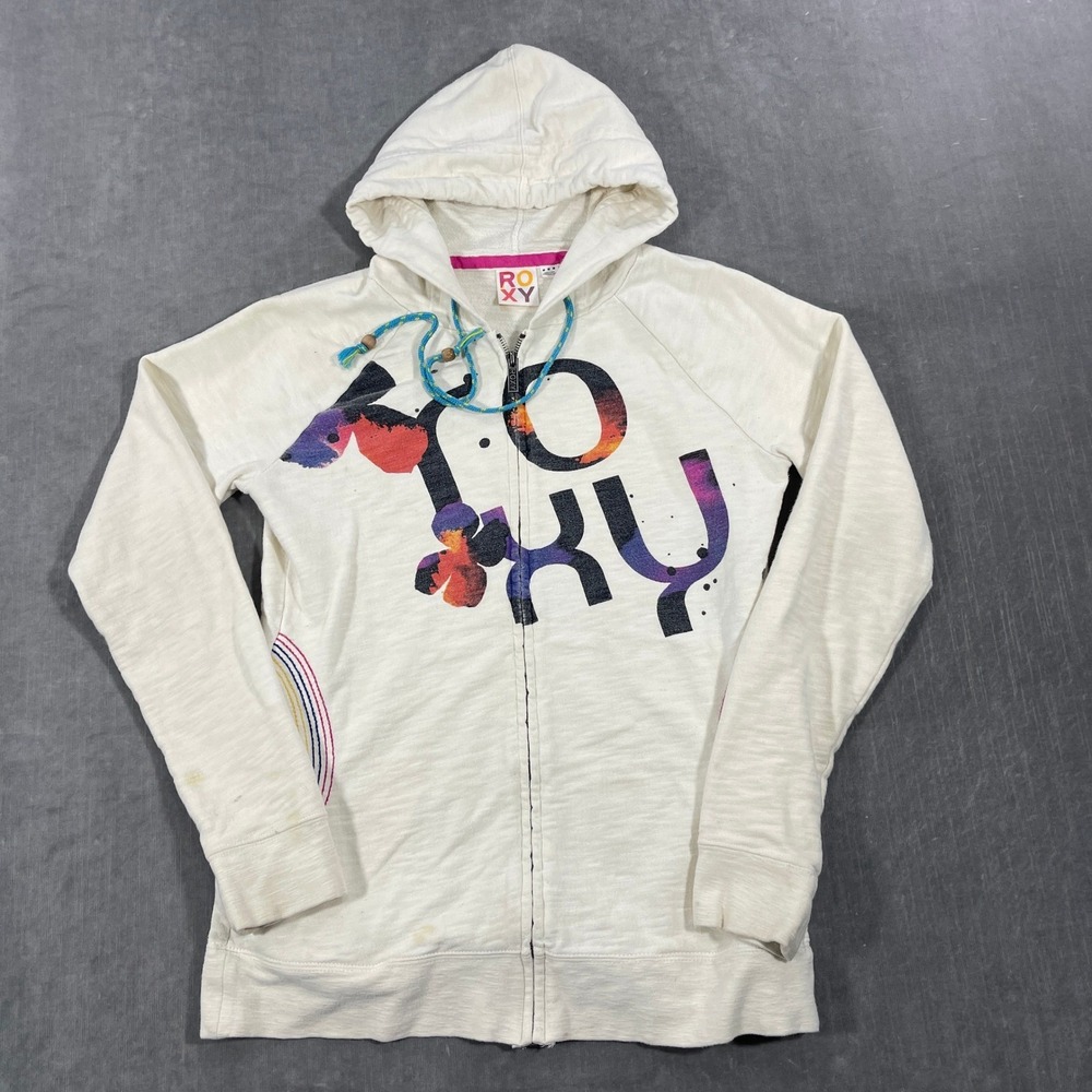 Roxy Women Medium Ivory Multicolor‎ Floral Graphic Casual Full Zip Hoodie Jacket